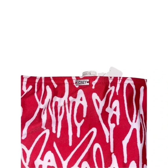 OBEY RED AND WHITE LOGO SCRIPT SIDE TIE BIKINI BOTTOMS Size L - Picture 8 of 9